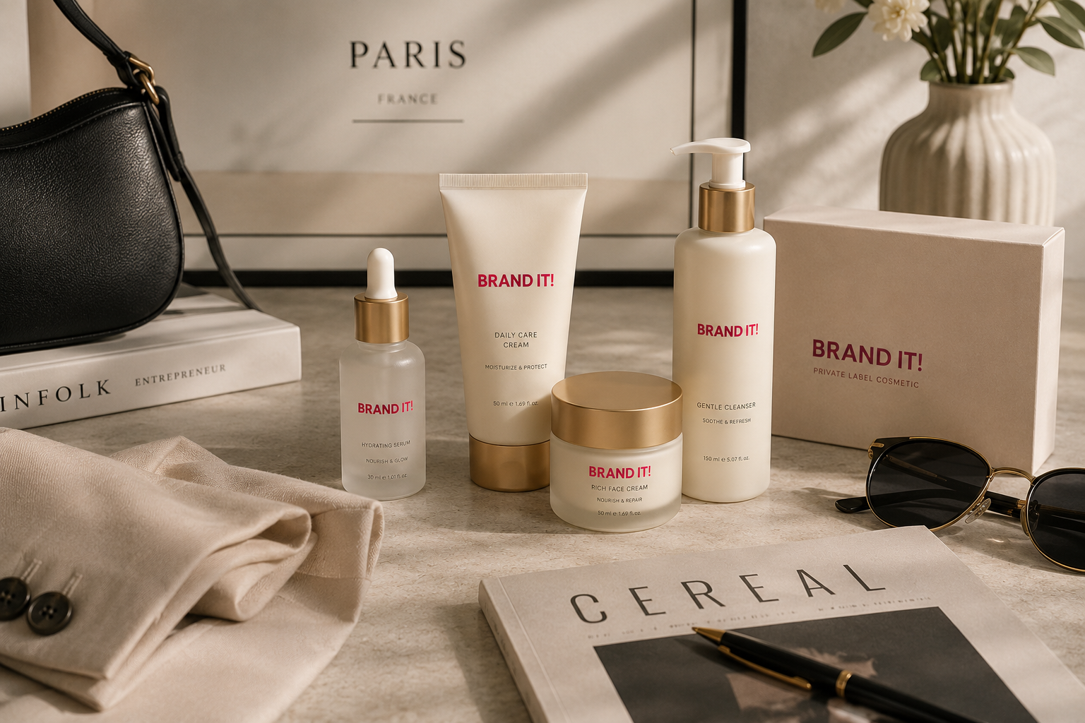 Moderne Kosmetikprodukte einer Fashion- und Lifestyle-Marke mit eleganter Verpackung in hochwertigem Ambiente.