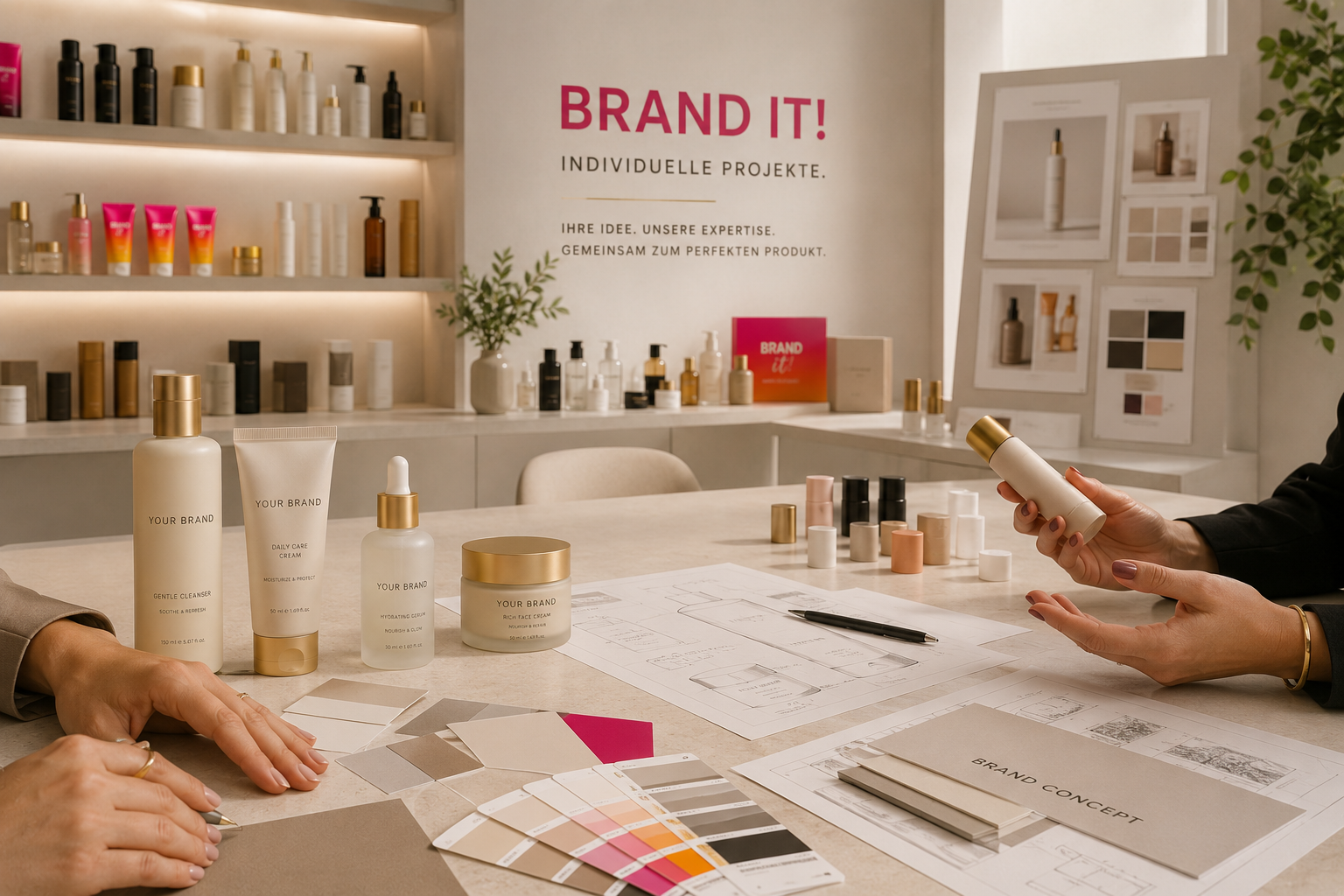 Beratungsgespräch zur Entwicklung einer individuellen Private-Label-Kosmetiklinie mit Produktmustern, Moodboards und Verpackungskonzepten im PLCC Showroom.